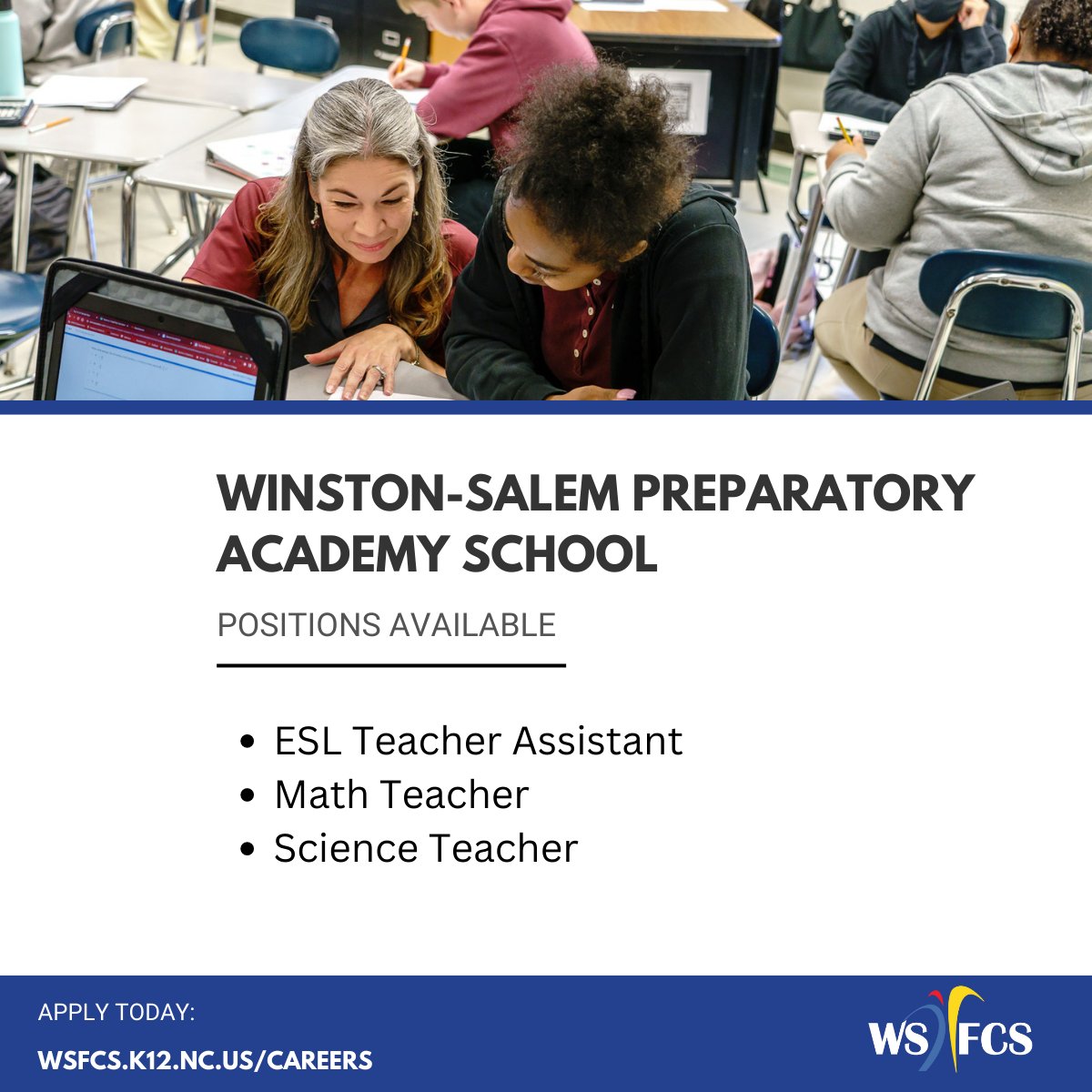 WSFCS_HR's tweet photo. Our Middle Schools are hiring! Please swipe through to see if you may be a great fit for any of these positions. Feel free to share!
#middleschooleducators #education #nowhiring #ncteachers #ncworks https://t.co/yG0MmuwP0x
