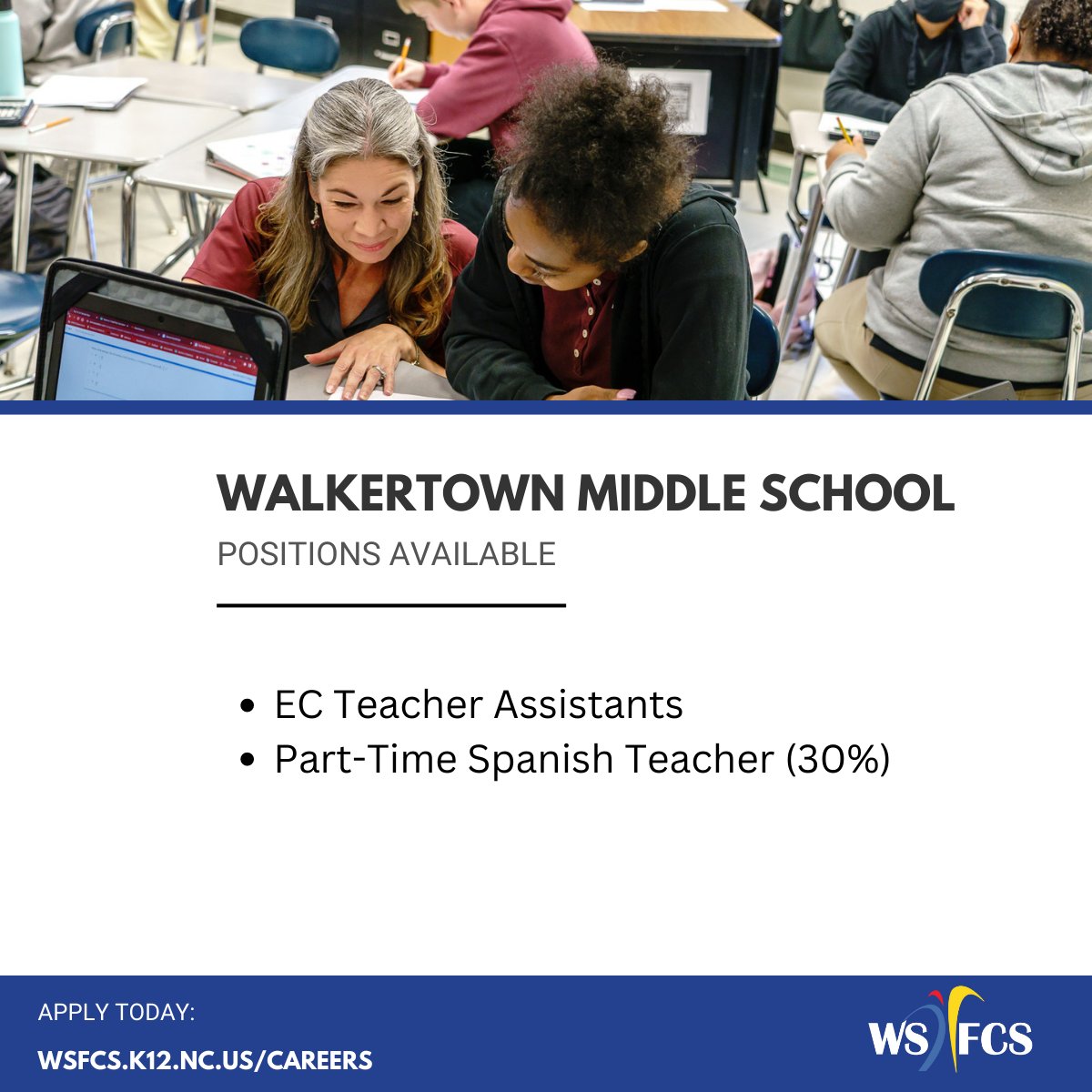 WSFCS_HR's tweet photo. Our Middle Schools are hiring! Please swipe through to see if you may be a great fit for any of these positions. Feel free to share!
#middleschooleducators #education #nowhiring #ncteachers #ncworks https://t.co/yG0MmuwP0x