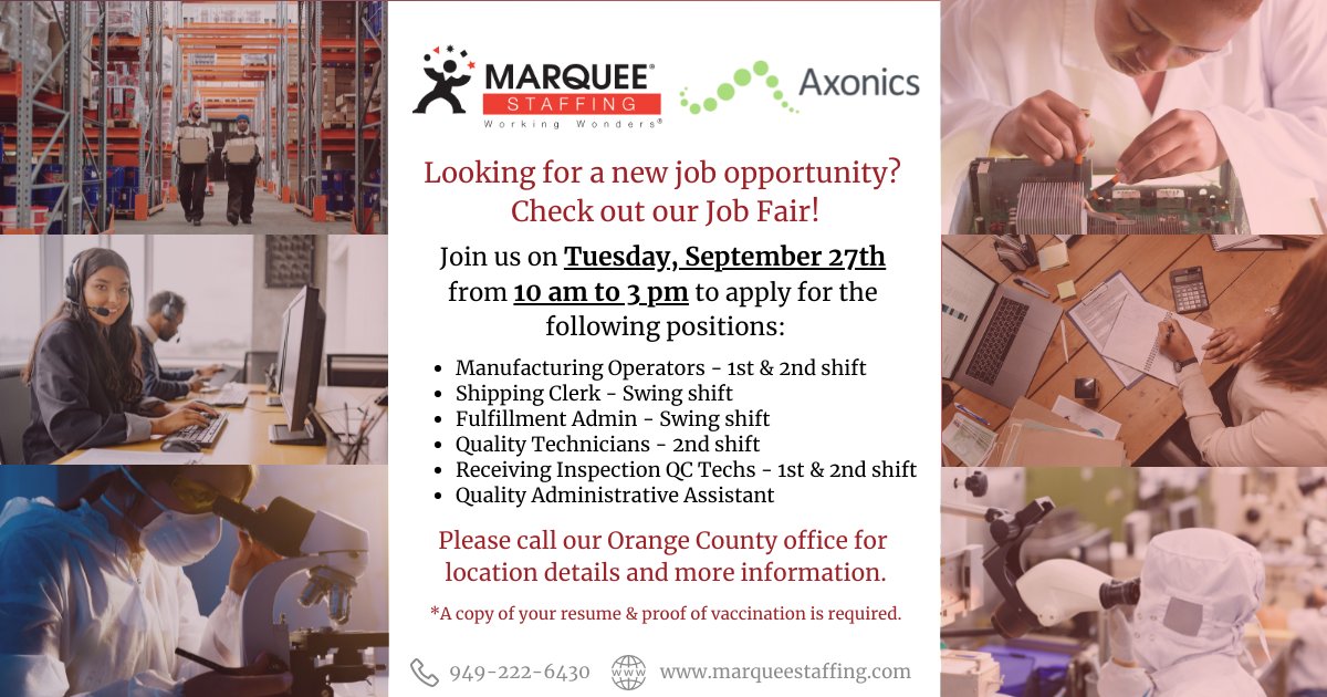 MarqueeStaffing's tweet photo. If you're interested in Medical Device Manufacturing opportunities, please join us on Tuesday, September 27th for an on-site interview. Remember to bring a copy of your resume and proof of vaccination for a faster application process. We hope to see you there!

#MarqueeStaffing https://t.co/0l2SPdqGDR