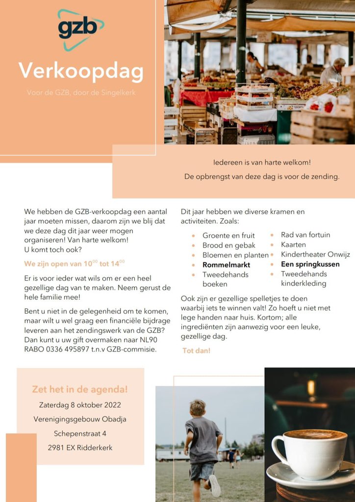 singelkerk's tweet photo. GZB-verkoopdag 

Zaterdag 8 oktober hartelijk welkom tussen 10.00 en 14.00 uur in gebouw Obadja (Schepenstraat 4) in Ridderkerk

@GZBzending https://t.co/Q2OVZXjAYH