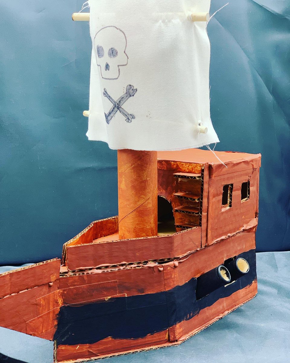 Lucien and Landon. 6th grade. 3D project. Cardboard. Pirate ship 🏴‍☠️ #art #middleschoolart #3d #cardboardsculpture #choicebasedart