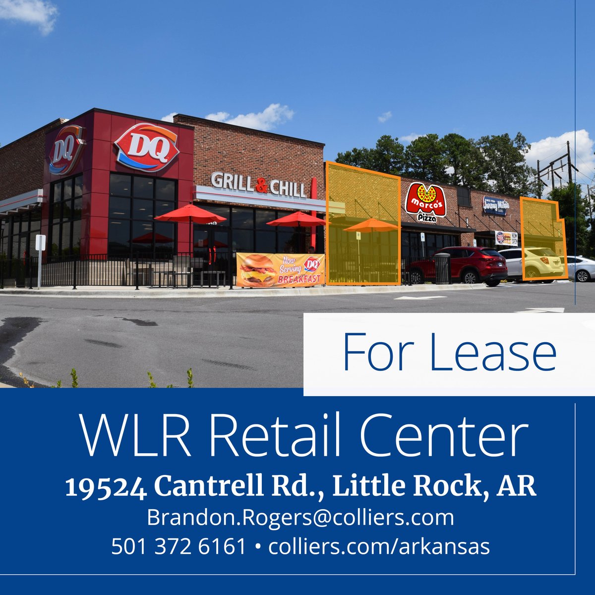 Colliers_AR's tweet photo. First-gen QSR opp in WLR! Drive-up window avail. Located @ corner of Cantrell Rd/Hwy 10 & Chenal near Walmart. Tenants inc. DQ Grill & Chill, Jersey Mike's & Marco's Pizza. Brandon.Rogers@Colliers.com or 501-372-6161 https://t.co/w8V4IN1Wb9 #ColliersAR #LoveLR #QSR https://t.co/8WnkEbeoeV