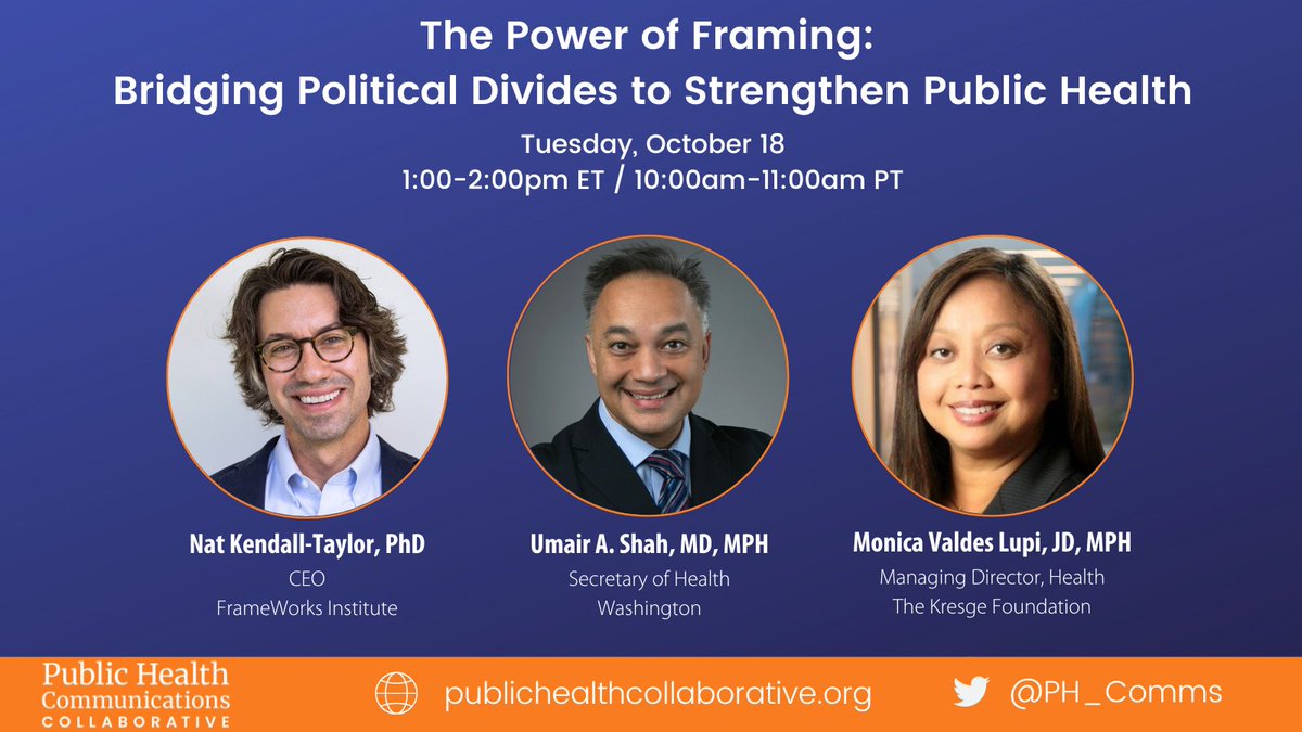 NEW from PHCC! Join us Oct. 18 for "The Power of Framing: Bridging Political Divides to Strengthen Public Health," a webinar to explore how we can position information to build trust + communicate effectively on pressing health issues. Register today: us06web.zoom.us/webinar/regist…