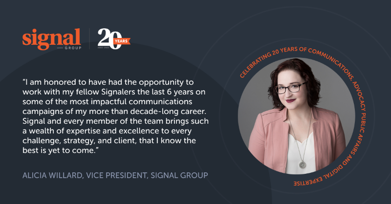 signalgroupdc's tweet photo. As Signal celebrates its 20th anniversary, our team will share our perspectives on the company's two decades of serving clients. Vice President of Communications Alicia Willard shares her thoughts on #Signal20: