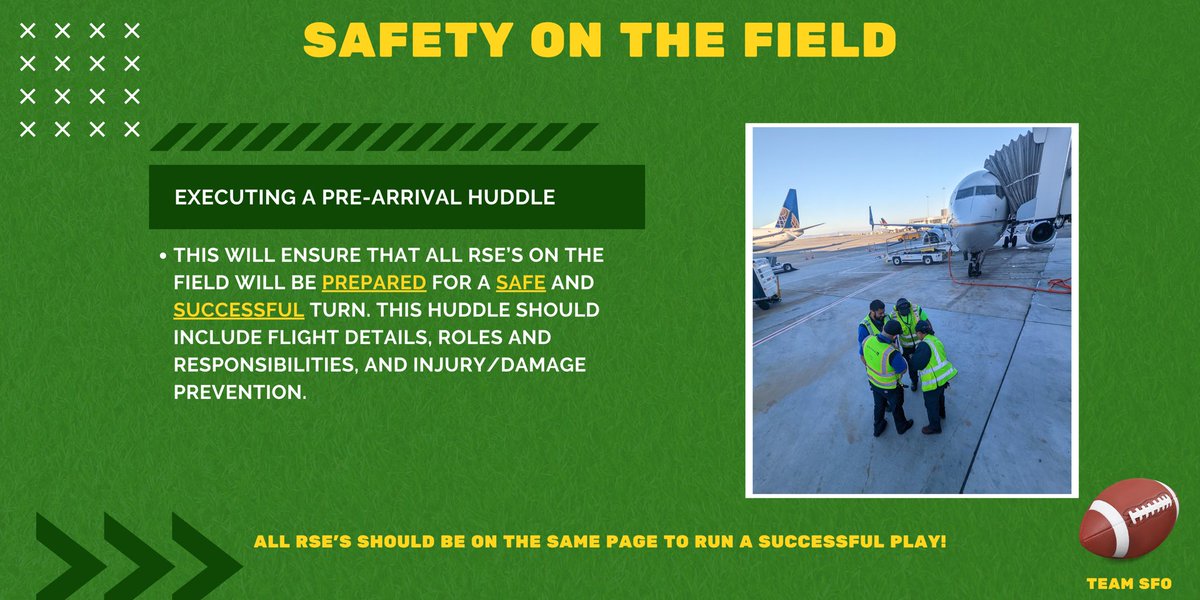 Team SFO! A pre-arrival huddle is crucial to ensuring everyone is on the same page for a safe and successful turn, just as a pre-snap huddle is crucial on the field. @MonikaGablowski @AnaOcegueraa @Auggiie69 @MikeHannaUAL @AOSafetyUAL #NoSmallRolesinSafety