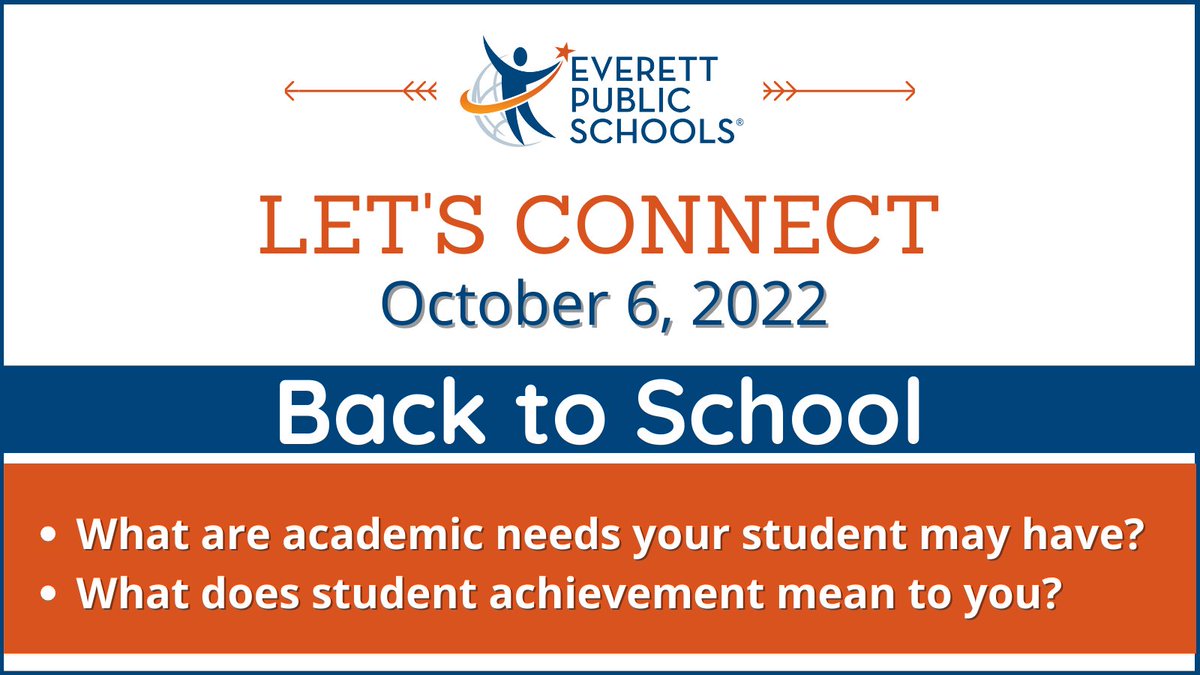 EverettSchools's tweet photo. Let’s Connect on Oct. 6! Now that we are back to school, Let’s Connect ‘in-person’ &amp; talk about academic needs your student may have &amp; what student achievement means to you. Each region will host this session for their school families, go to your school’s homepage to learn more. https://t.co/oWbzWT5p1j