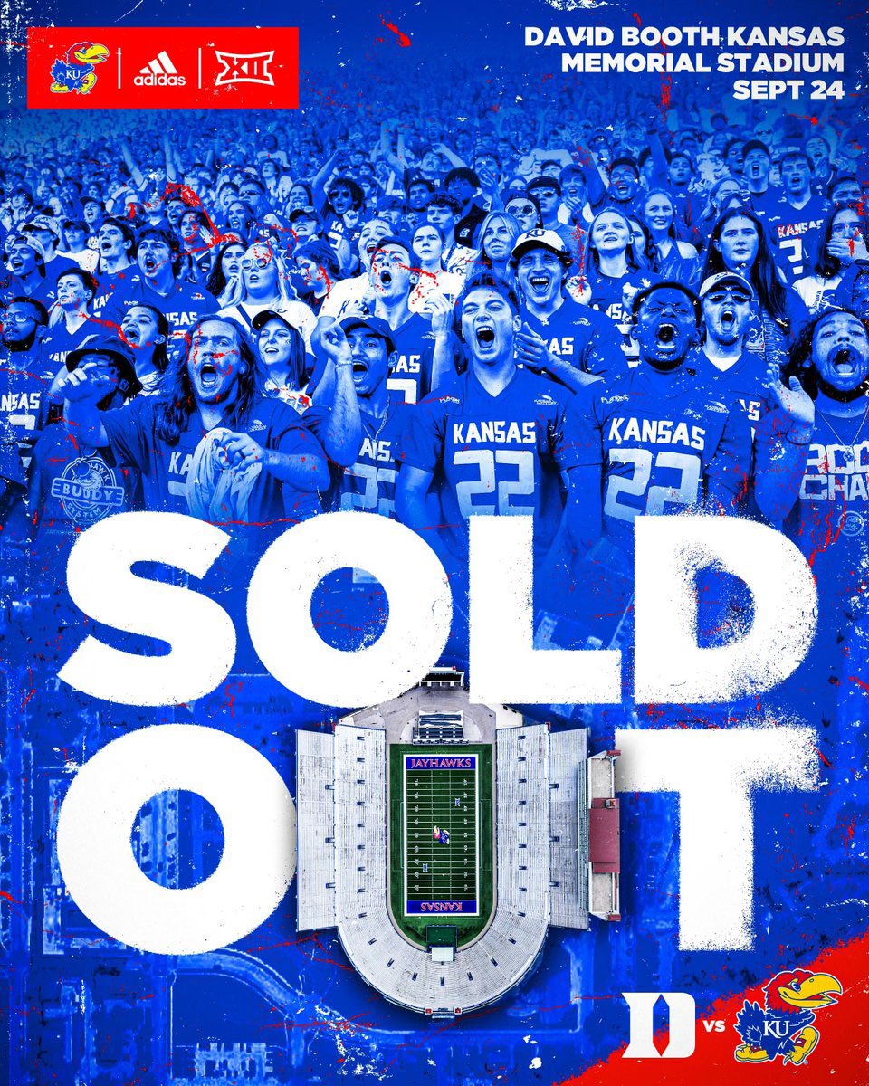 FansOfKU's tweet photo. The KU vs Duke football game on Saturday is officially SOLD OUT! https://t.co/PYKLPvTKkg
