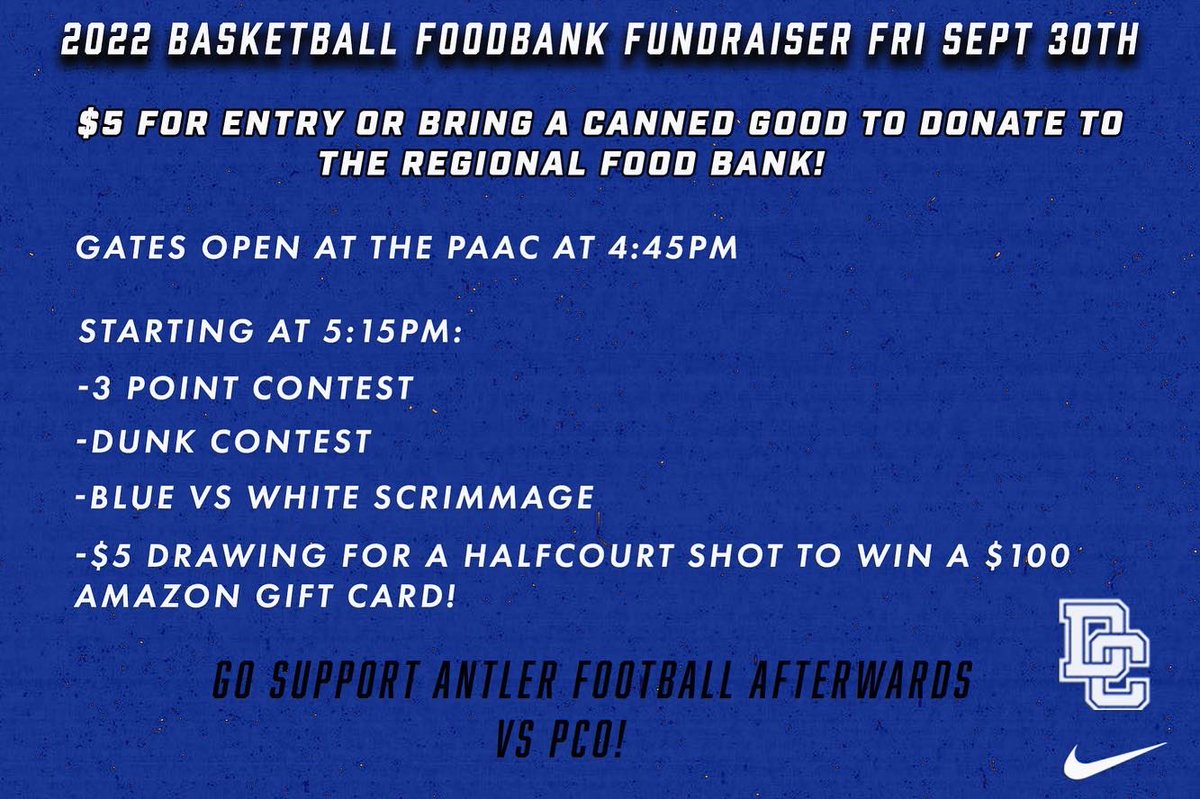 Deercreekbball's tweet photo. Come help us Tip-off our season next Friday September 30th at the PAAC! 

$5 for entry or bring a canned good to help donate to the regional food bank! 

-3 point contest 
-dunk contest
-blue vs white scrimmage 
-raffle to have a halfcourt shot to win a $100 Amazon card! https://t.co/OwD5z1arwy