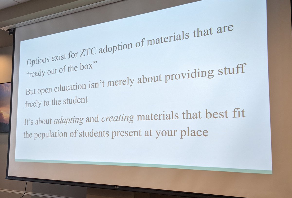 "...open education isn't merely about providing stuff freely to the student. It's about adopting and creating materials that best fit the population of students present at your place." Thanks  <a href="/ShorterPearson/">Chuck Pearson</a> #OER