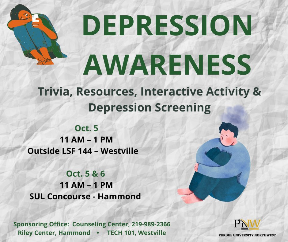 pnw_counseling's tweet image. Are you feeling down, lonely, sad, or depressed.  Come by the SUL Concourse or stop by LSF 144 from 11 AM - 1 PM to take an anonymous depression screening.
#depressionawareness 
#depressionawarenessweek