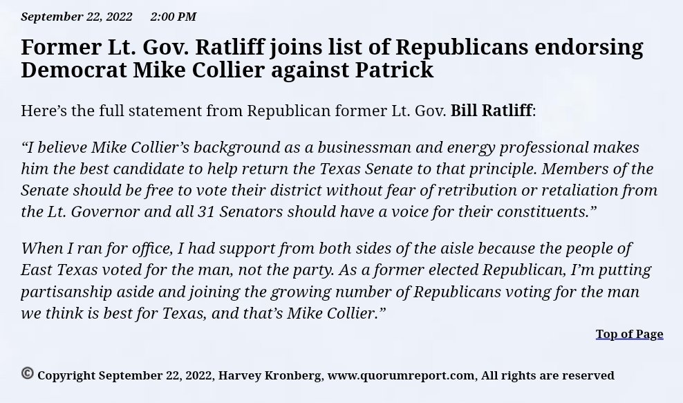 scottbraddock's tweet image. Another Republican endorses Democrat @CollierForTexas against @DanPatrick. A single GOP endorsement against a Republican incumbent probably wouldn't move the needle at all but the drumbeat of opposition within his own party must get in Patrick's head #txlege