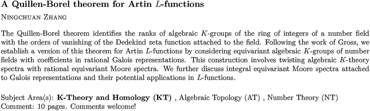 arxiv.org/abs/2209.10044…
N Zhang
A Quillen-Borel theorem for Artin $L$-functions