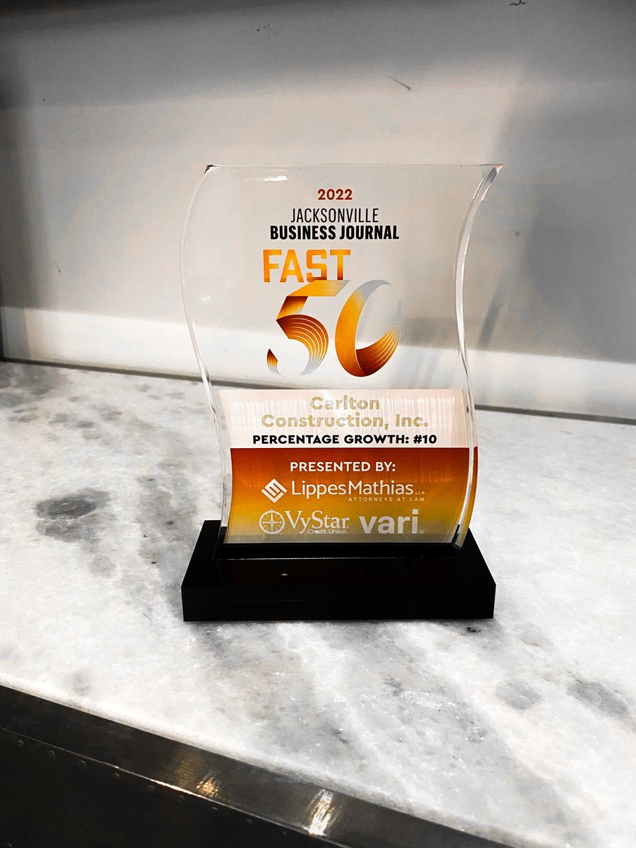 carltonconst1's tweet photo. We're honored to be recognized as a Top 10 @JaxBizJournal Fast 50 for 2022! We couldn't have done it w/o our amazing team &amp; all of their hard work. We would like to offer a special congratulations to the rest of the outstanding Fast 50 awardees. #culturematters #EnrichingLives https://t.co/UWRk6s6DrF