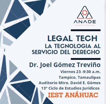 barajas03's tweet photo. ANADE #Tamaulipas en vinculación con el #IEST #ANAHUAC
LEGAL TECH La Tecnología al servicio del Derecho
Expositor Joel Gómez Treviño
@AbogadoDigital
13 Ciclo de Estudios Jurídicos
La Evolución del derecho https://t.co/1MUFpzD1OE