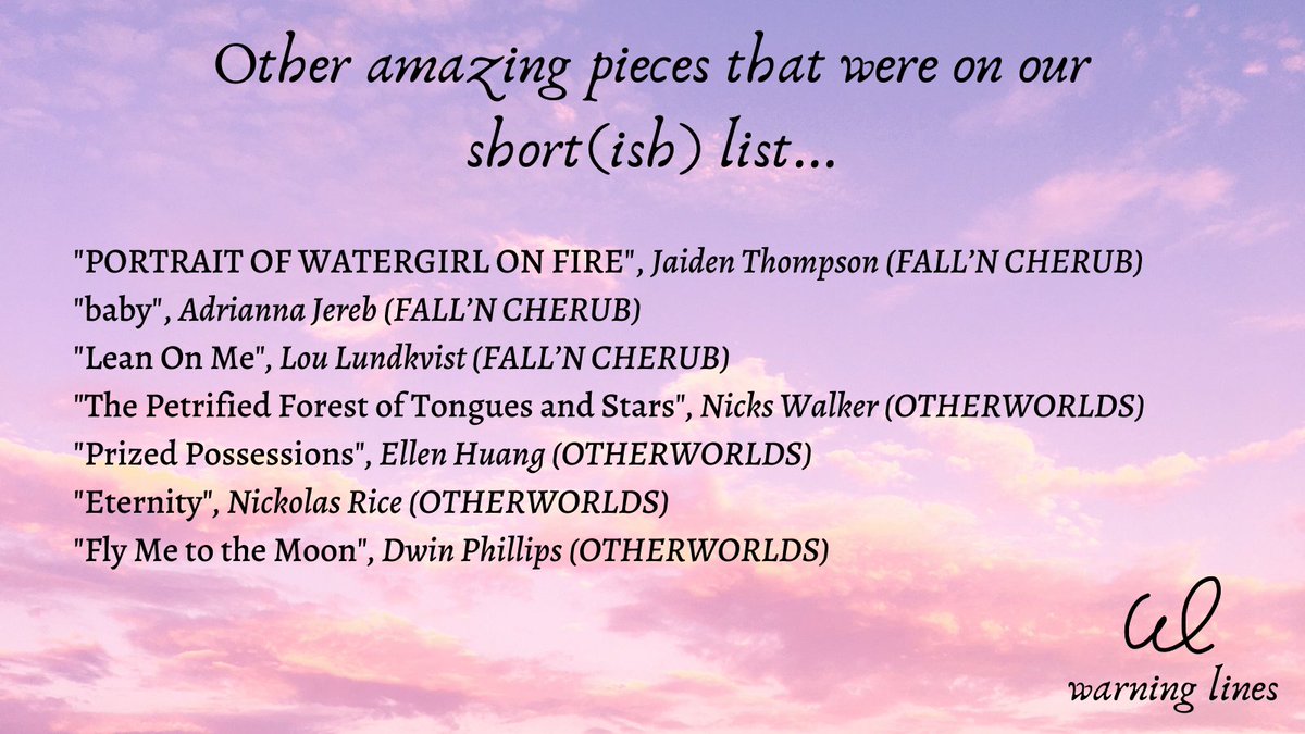 warninglines's tweet photo. and one more thing! I want to give a shoutout to some authors and artists whose pieces made it to my short-ish list for BOTN nomination:

Jaiden Thompson, Adrianna Jereb, Lou Lundkvist, @nickserobus, @nocturnalxlight, Nickolas Rice, and @DwinPhillips 🔥 https://t.co/TcjTPDxw9R