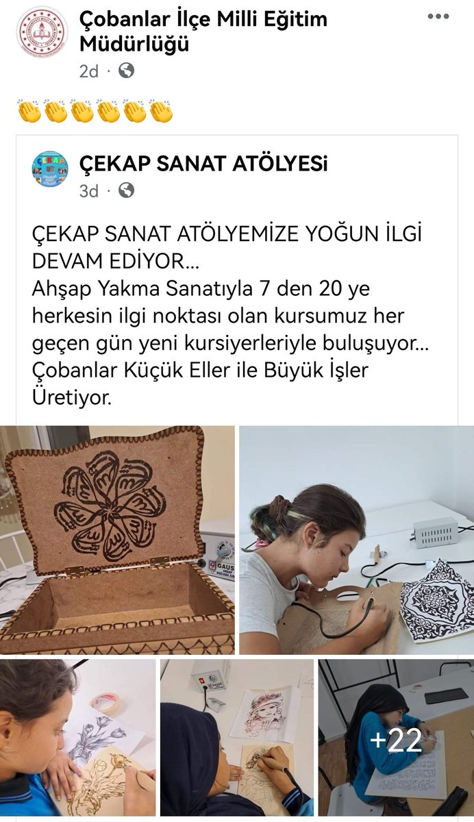 ÇEKAP SANAT ATÖLYEMİZE YOĞUN İLGİ DEVAM EDİYOR...
Ahşap Yakma Sanatıyla 7 den 20 ye herkesin ilgi noktası olan kursumuz her geçen gün yeni kursiyerleriyle buluşuyor...
Çobanlar Küçük Eller ile Büyük İşler Üretiyor.