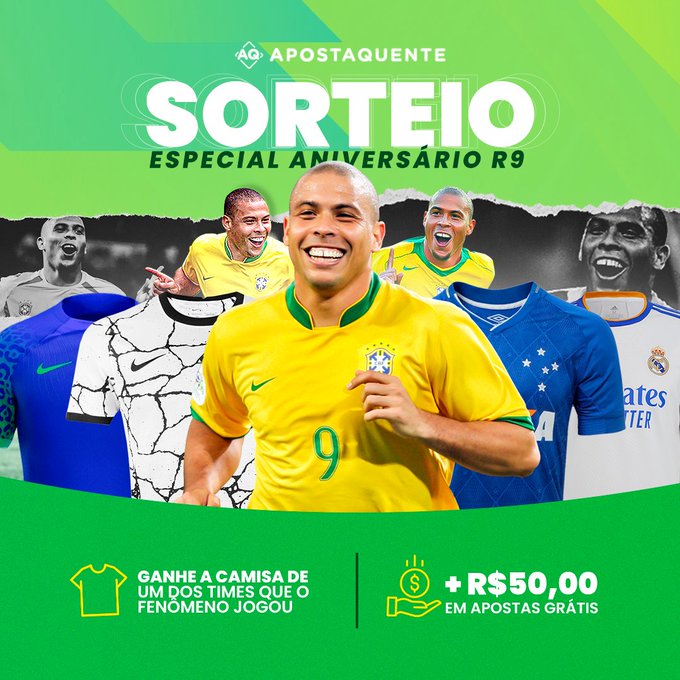 🥳 Alerta de sorteio, fml! Hoje &eacute; dia do R9, mas quem ganha o presente &eacute; voc&ecirc;! Quer uma camisa do time<a href="/tag/ronaldo"class="tags"><span>#ronaldo</span></a>