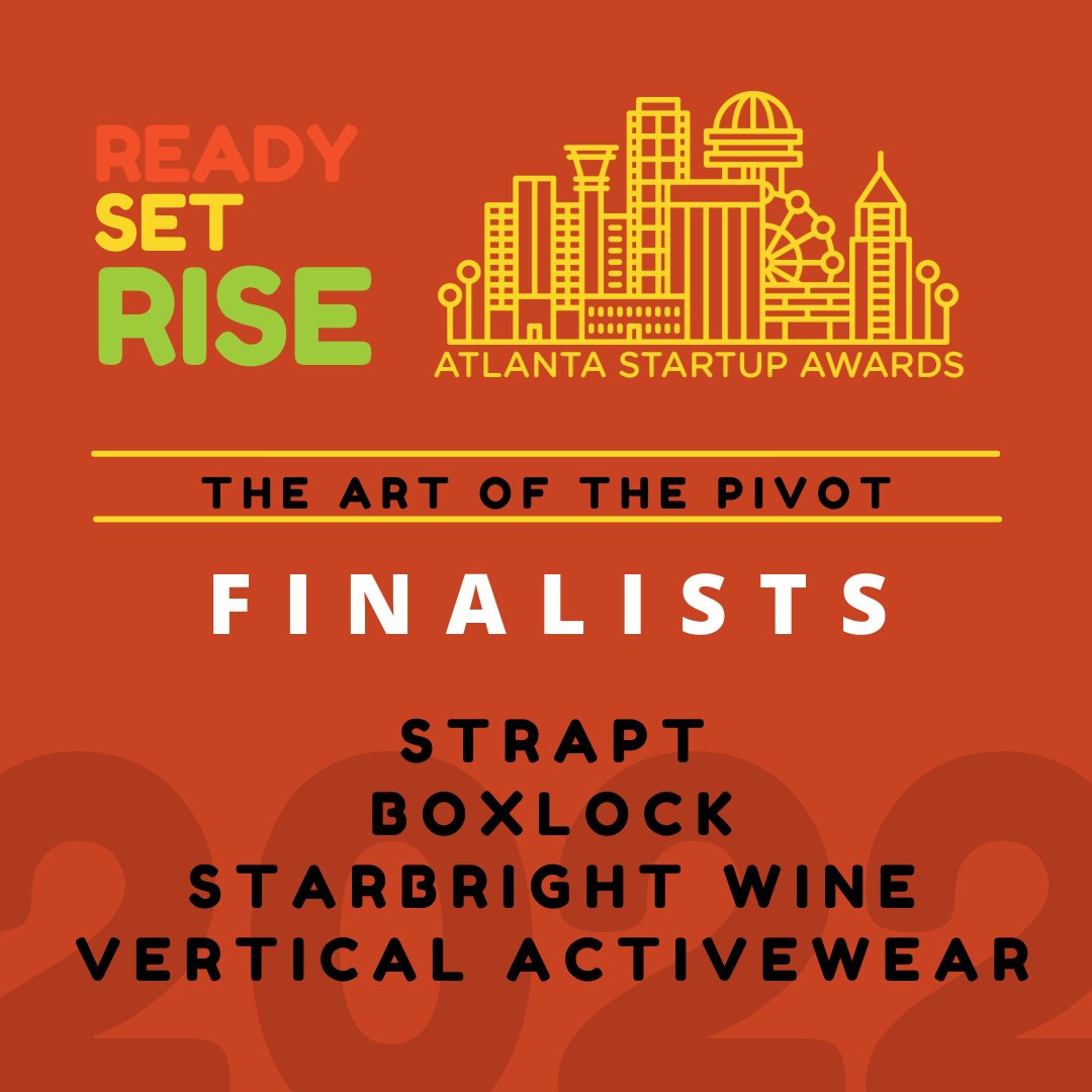 StartupAtlanta's tweet photo. The Art of the Pivot Award celebrates a startup’s ability to change its business model and successfully revamp their business in the face of adversity. CONGRATS FINALISTS - Strapt, @getboxlock, Starbright Wine, and @VerticalActive! Get tickets now at https://t.co/APTEm8m4Ev. https://t.co/wnY4RYEpXD