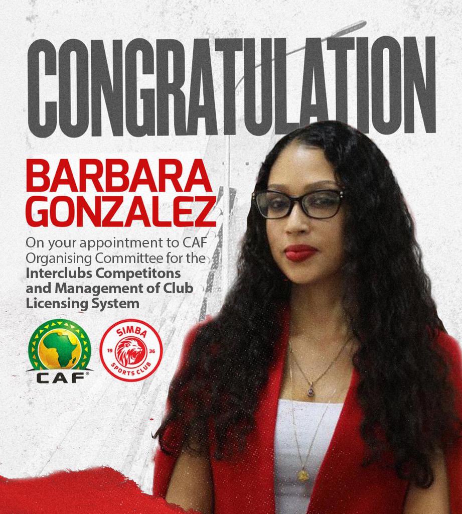 👏 Pongezi nyingi kwa Mtendaji Mkuu wa klabu (CEO), Barbara Gonzalez (<a href="/bvrbvra/">Barbara Gonzalez</a>) kwa kuteuliwa kuwa Mjumbe katika Kamati ya Mashindano ya Klabu ya Shirikisho la Soka Afrika (CAF). #NguvuMoja