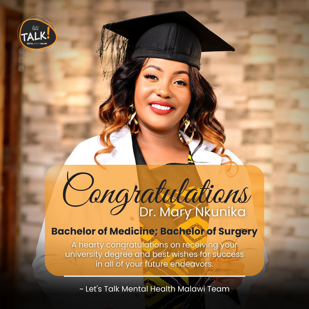lets_talk_mw's tweet photo. The team at Let’s Talk Mental Health Malawi would like to congratulate our founder - Dr. Mary Nkunika for graduating with a Bachelor of Medicine; Bachelor of Surgery degree.

The hard work you put in has borne wonderful fruits. We thank God for this. 

by F.O.R.T.U.N.E

#Congrats https://t.co/e1Vlq8B4LJ