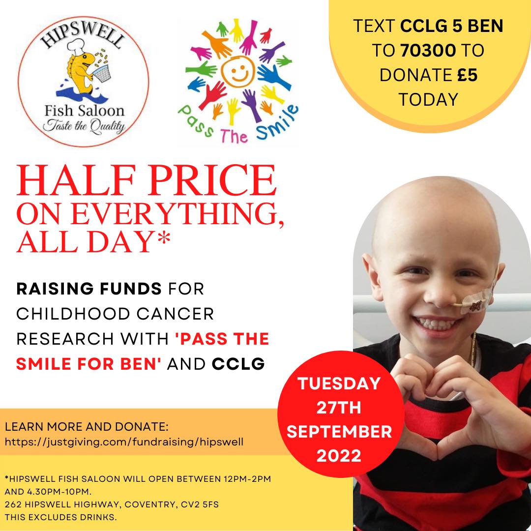PassTheSmileOrg's tweet image. Who doesn't love a chippy tea? How about a half price one?!

Our friends at Hipswell Fish Saloon are holding a half price food event on Tuesday 27th September, with the proceeds being donated to Pass The Smile. 

Eat chips and help children with cancer #covhour