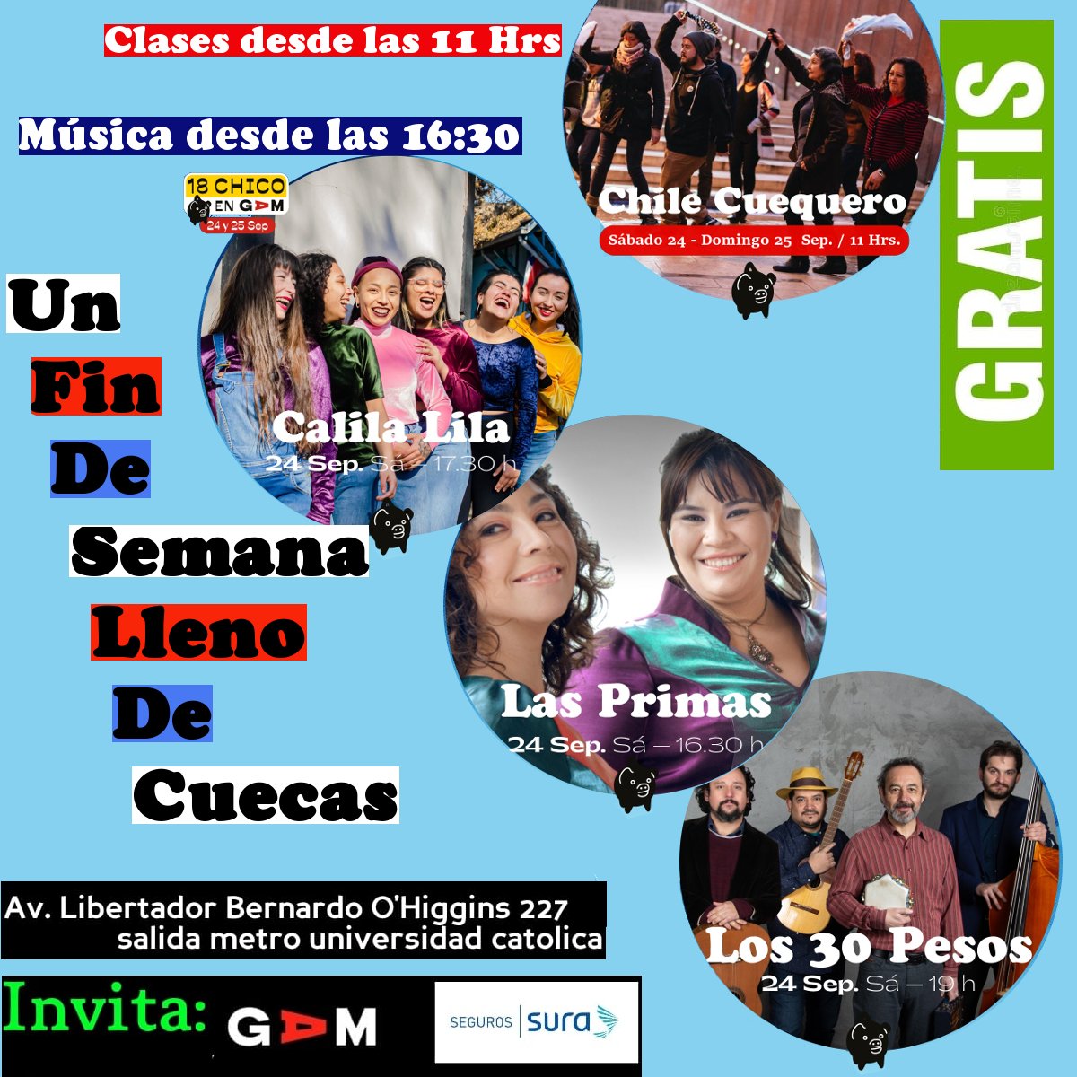 Siguen las Cuecas, nos vemos este fin de semana en <a href="/centroGAM/">Centro GAM</a> 
Partimos con clases este sábado y domingo desde las 11 Hrs. 
y en la tarde de sábado <a href="/cantolasprimas/">Las Primas</a> <a href="/CalilaLilaCueca/">Calila Lila</a> y los 30 Pesos.