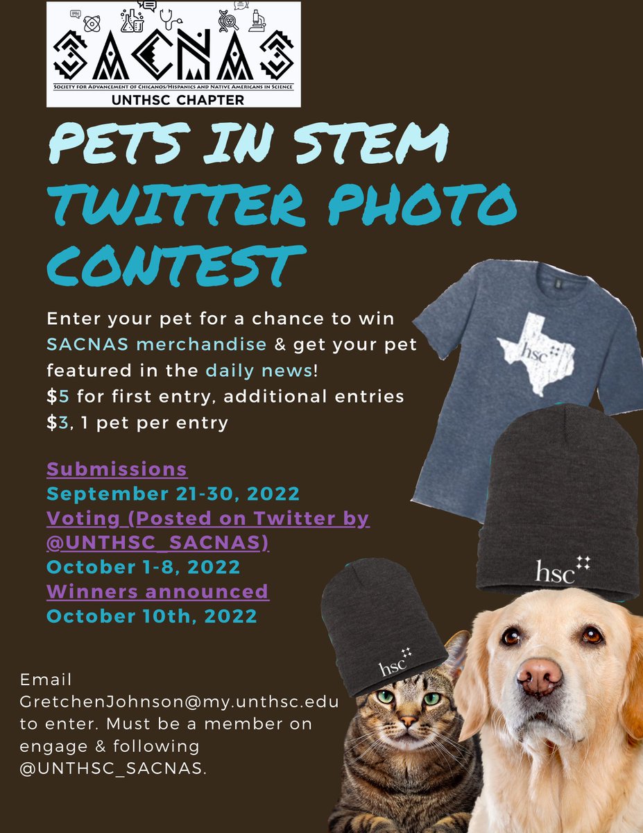 UNTHSC_SACNAS's tweet photo. Looky here! A fun photo contest where you can show off your pet AND support SACNAS 😍 email your submissions asap!!! https://t.co/wNGnVu5eLx