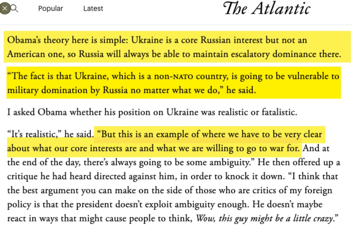 ggreenwald's tweet photo. A reminder of Obama spoke and thought about Ukraine and Russia just 6 years ago.👇

Someone has changed, and I would suggest it's the political faction that is now in a full alignment with neocon warmongers like Bill Kristol, David Frum, all the beloved CIA/FBI/NSA cable stars. https://t.co/gS8UgTRga4