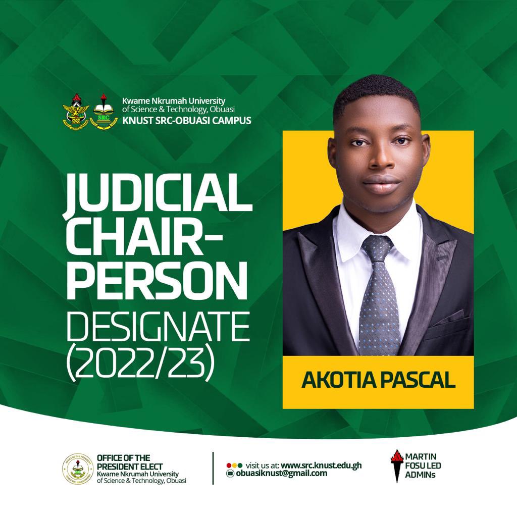 Congratulations, [<a href="/PaschalAkotia/">Paschal Akotia</a> ]; SRC Judicial Chairperson Designate (2022/2023) KNUST Obuasi SRC Academic Year. Uphold the sovereignty and integrity of the SRC.