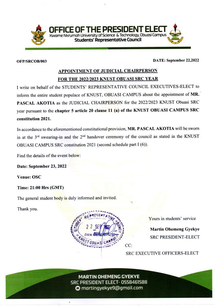 GyekyeOhemeng's tweet photo. Congratulations, [@PaschalAkotia ]; SRC Judicial Chairperson Designate (2022/2023) KNUST Obuasi SRC Academic Year. Uphold the sovereignty and integrity of the SRC. https://t.co/1Jiw0xCM6E