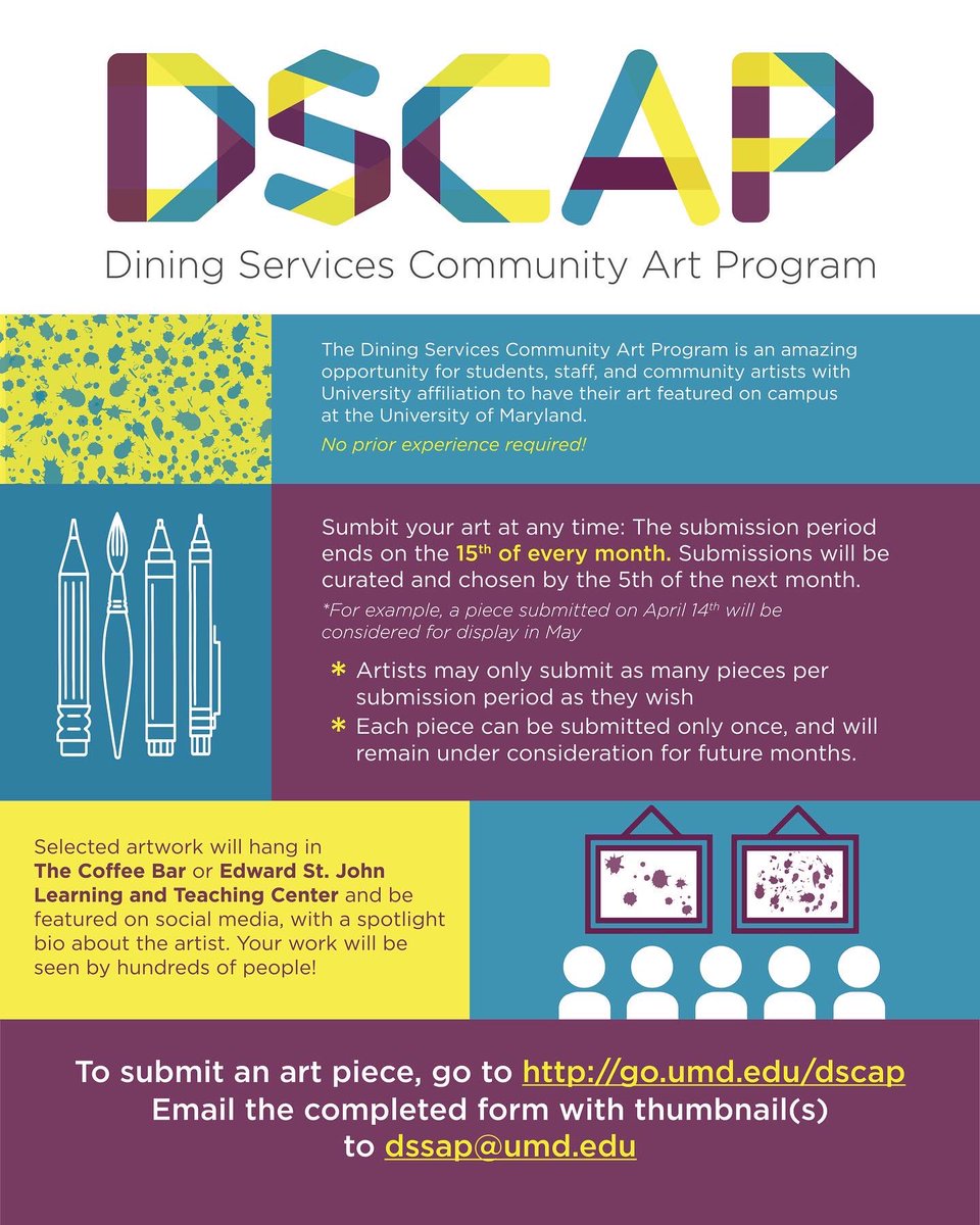 UMDStudioA's tweet photo. Studio A is partnering with Dining Services Community Art Program (DSCAP)! You can find more detailed instructions and information in the images and if you are not able to access the form to fill out, feel free to come grab one from Studio A at the front desk! https://t.co/R0YGiG2mDs
