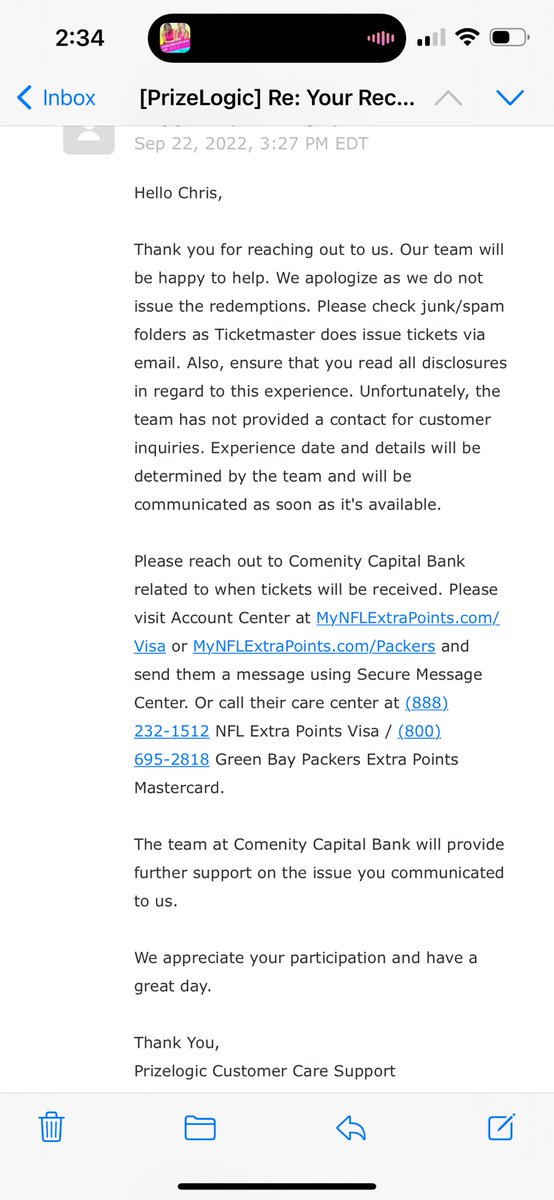ChrisNance9's tweet photo. @NFLExtraPoints you DMd me saying to call a number, I called that number and they told me to email a certain email, now the email is telling me to call comenity, this is all one giant circle. No I don’t want a DM saying we can only talk in DMs. https://t.co/z2bPXzPQnX