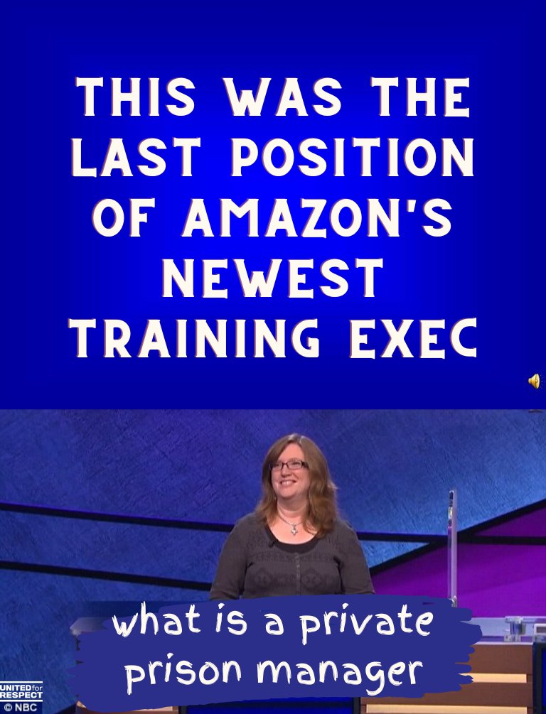 forrespect's tweet photo. #Jepoardy category: Ridiculous but Unsurprising Things #Corporations Do

Who did @amazon just hire as their newest 'training exec'?
A private prison manager.

@VICE reports: https://t.co/pO69BB5wA7 https://t.co/NOlrR57PPk