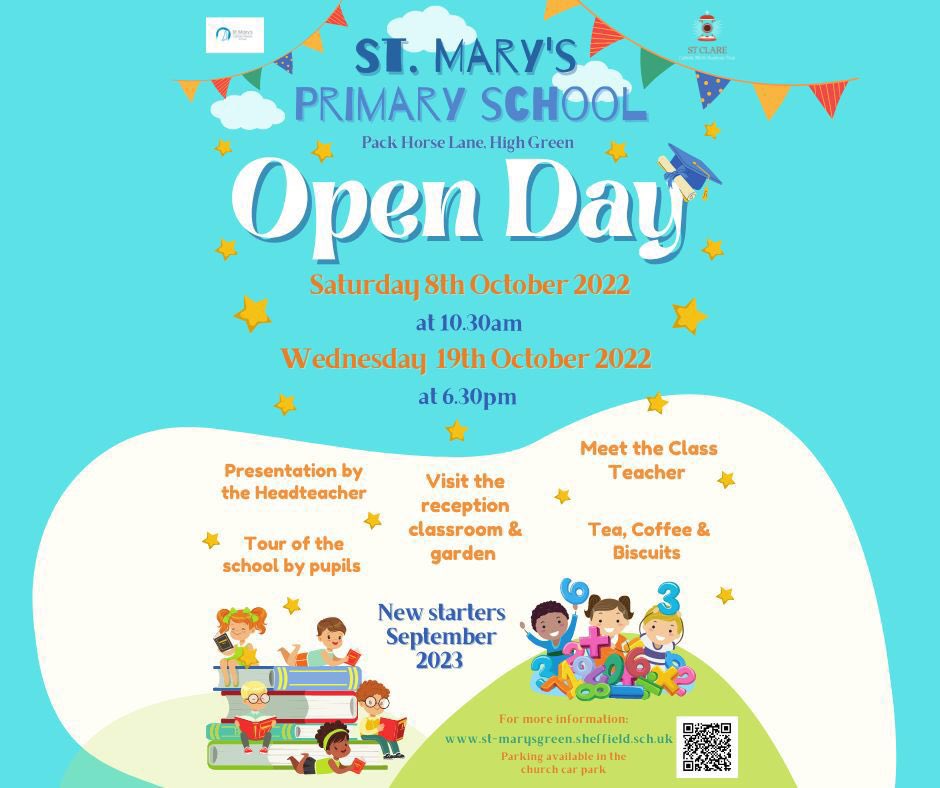 Open day for families with little ones starting in Sept23. find out about our fantastic school @StMaryHighGreen More than just a school- we r a community. 'Journeying in the light of Christ, together we live and learn' -with our core values - Faith, Pride, Challenge and Success