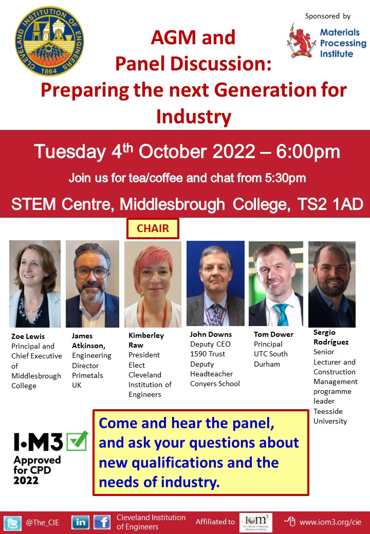 Our new season starts on Tuesday 4th October with our AGM and Panel Discussion: Preparing the next Generation for Industry.
Join us at the STEM Centre at 17:30 for tea and coffee followed by the AGM and Panel Discussion at 18:00.
Sponsored by <a href="/MPI_UK/">Materials Processing Institute</a>