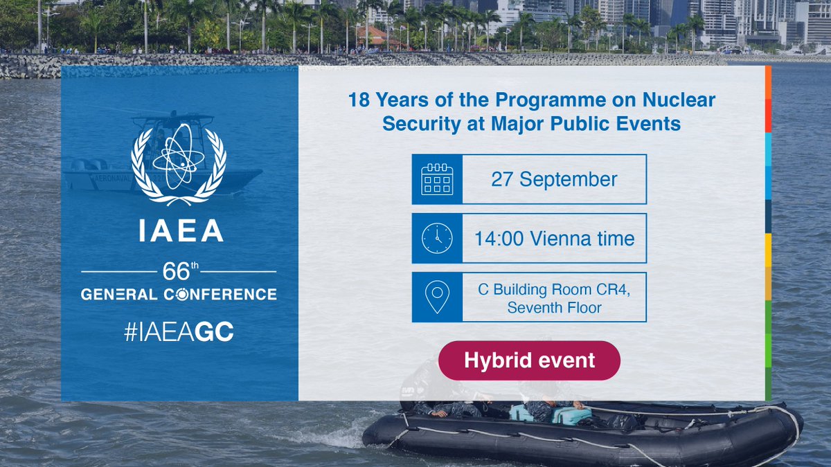 iaeaorg's tweet image. Join this #IAEAGC event to commemorate 18 years of IAEA’s programme on nuclear security at major public events. We'll look back on its establishment and the many events supported along the way.
📅 27/09
⏰ 2:00 p.m. – 3:00 p.m. Vienna time
👉 Register: bit.ly/3Ltpwu1