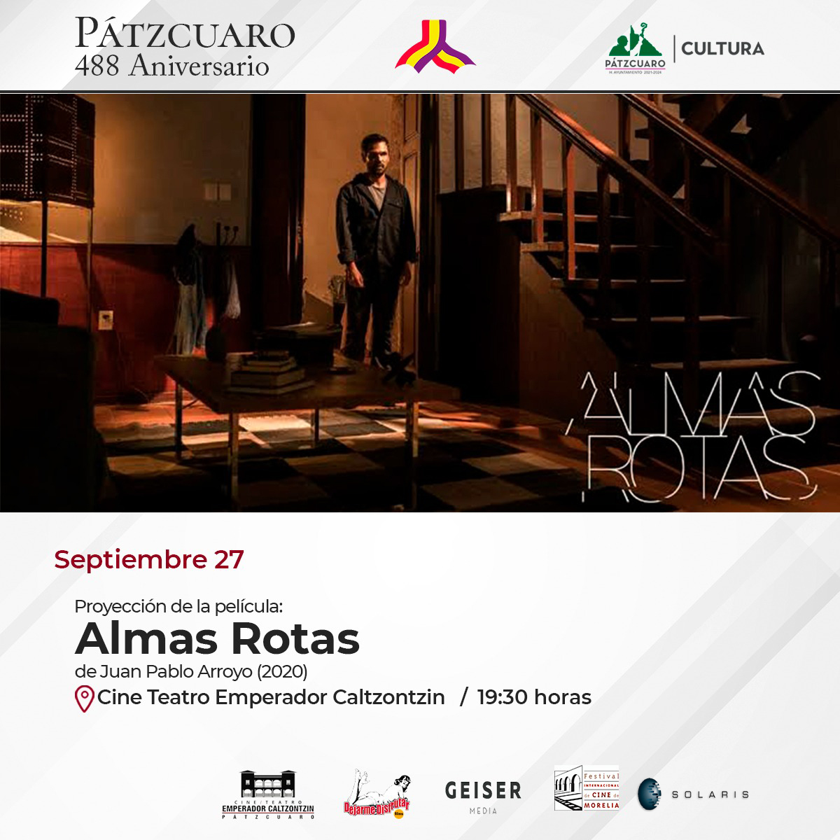 ¡Te esperamos!

27 de septiembre.

19:30 hrs. Cine-Teatro Emperador Caltzontzin.

#Michoacán #Cine #CineMichoacano #CineMexicano #solaris <a href="/GeiserMedia/">Geiser Media</a>  <a href="/DDisfrutarFilms/">dejarme disfrutar films</a>  <a href="/EmperadorTeatro/">TeatroEmperador</a>  <a href="/FICM/">Morelia Film Fest</a> 

via <a href="/AlmasRotasFilm/">AlmasRotasFilm</a>