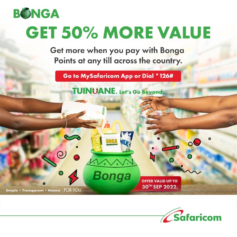 SafaricomPLC's tweet photo. Get 50% more value from your Bonga Points by redeeming them when paying for goods and services on any till. Don’t miss out, visit MySafaricom App or *126# to redeem today and get more value. Offer valid till 30th September.