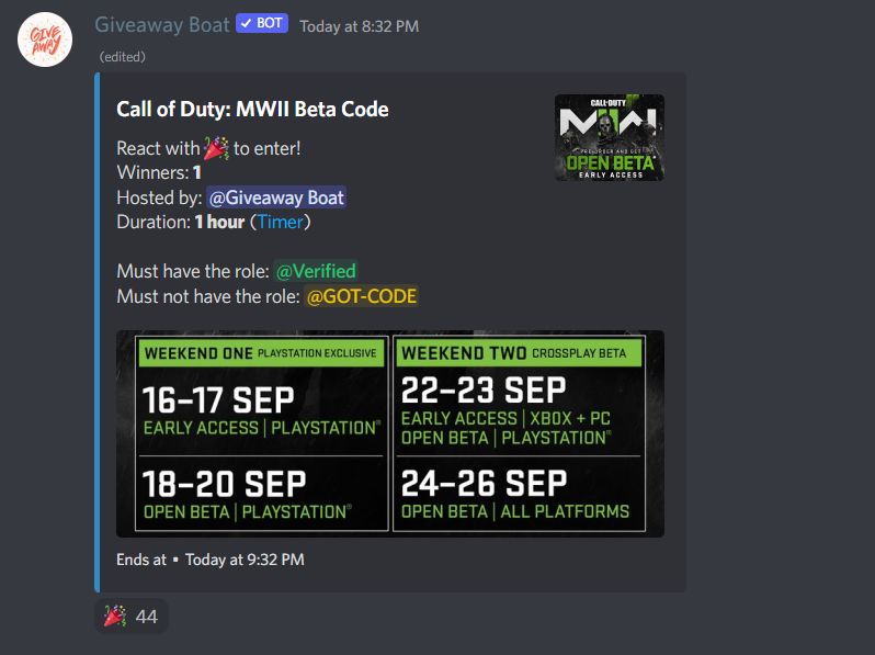 FreeMW2Beta's tweet photo. Giveaway started on the discord!

https://t.co/POi2mpnBHw

Still need a MW2 Beta Code?

Like + RT + Join Discord!
#MWII #MW2 #ModernWarfareII #ModernWarfare2 https://t.co/JKa9RQPSLa