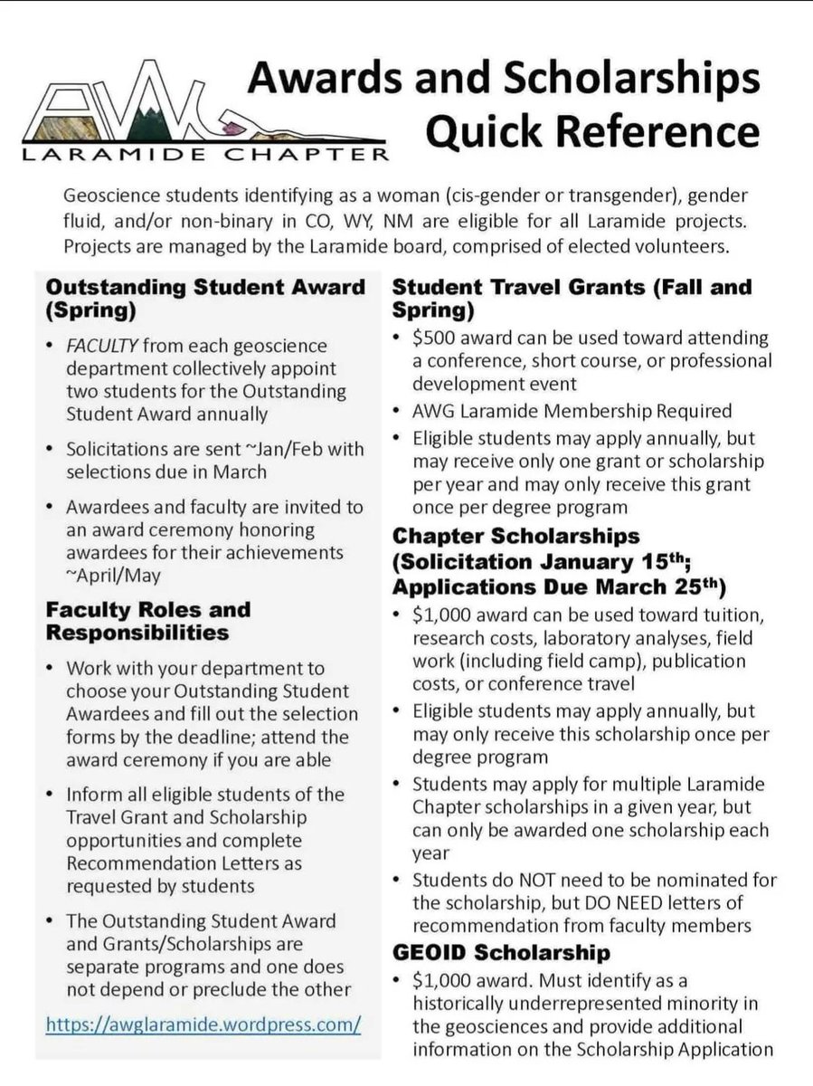 AWGLaramide's tweet photo. Fall Travel Grant is open $500 toward travel. Applications due Sept. 30th 11:59 PM. Awarded: October 7, 2022.
https://t.co/MPyVXRxd0U https://t.co/ZiDqGEF0Pw