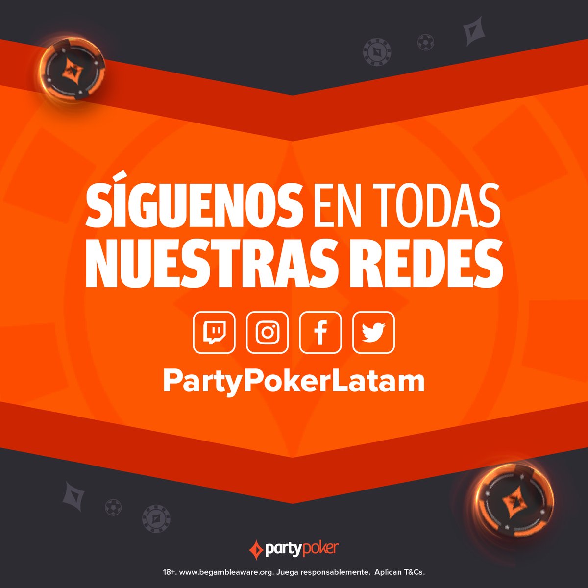 Estamos en todas partes y todo el tiempo, trayéndote lo mejor del poker online.
¡No te pierdas nuestros sorteos y contenidos exclusivos! 👇
📺 twitch.tv/partypokerlatam
📸 instagram.com/partypokerlatam (¡Sorteo en las stories!)
💙facebook.com/partypokerLatam
