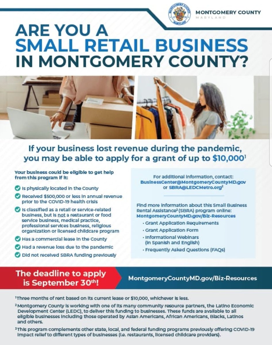 Montgomery County Small Business Rental Assistance Grants to eligible retail establishments - montgomerycountymd.gov/biz