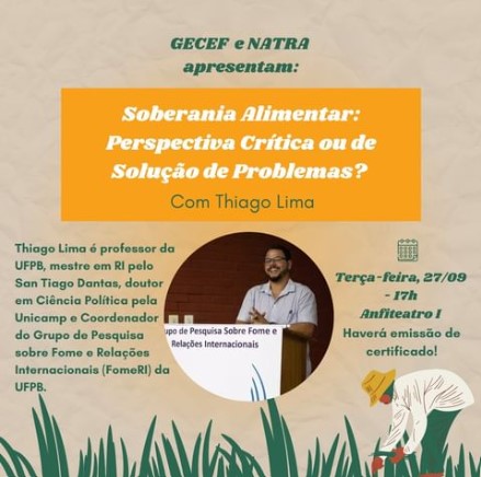 Na próxima terça-feira, 27/9, o Grupo de Cenários e Estudos de Futuro vai receber um convidado muito especial: o <a href="/Lima_T/">Thiago Lima</a> vai conversar com a nossa equipe sobre soberania alimentar. O evento vai acontecer no Campus da UNESP de Franca.