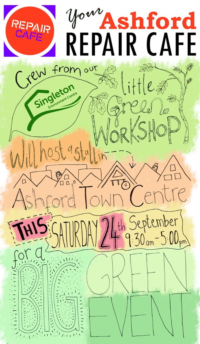 Some Volunteers of Repair Cafe Ashford &amp; Singleton Environment Centre will show examples of our work at Ashford Town Centre's Big Green Week Event this Saturday 24th September 9.30am-5.00pm. Please DO NOT BRING items for repair to town. We will be around to chat about repairing.