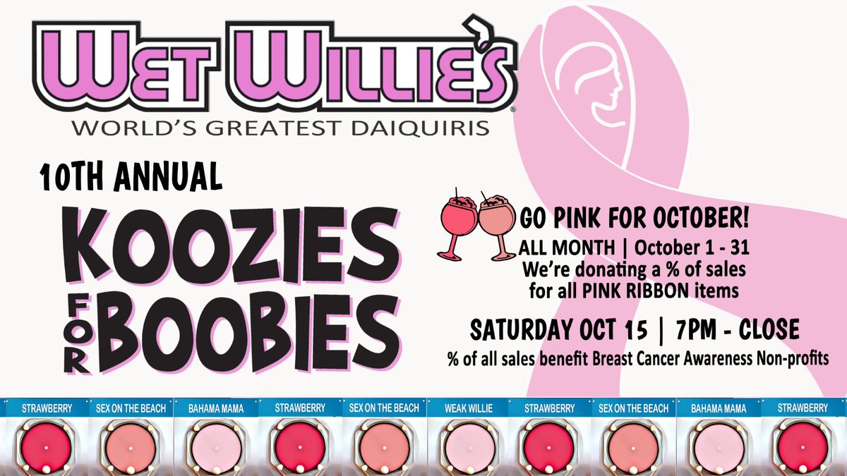 GO PINK! 🎀 Visit Wet Willie's in City Market, River Street, or Tybee Island in October to help us raise funds for <a href="/chooseSJC/">St. Joseph's/Candler</a> mammography unit. Help us make a difference in our community! 

#breastcancerawareness