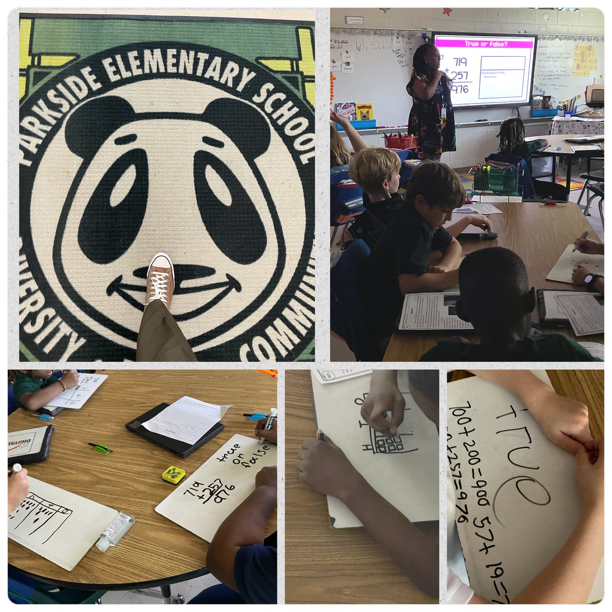 DocSTEM's tweet photo. Walked in @parksideaps. I spy multiple strategies for solutions. @APSAcademics @SparkyTeach @AmariusR #apsk5math #pandaland #aps5 #mathvision #productivestruggle https://t.co/lh14rq1nPS