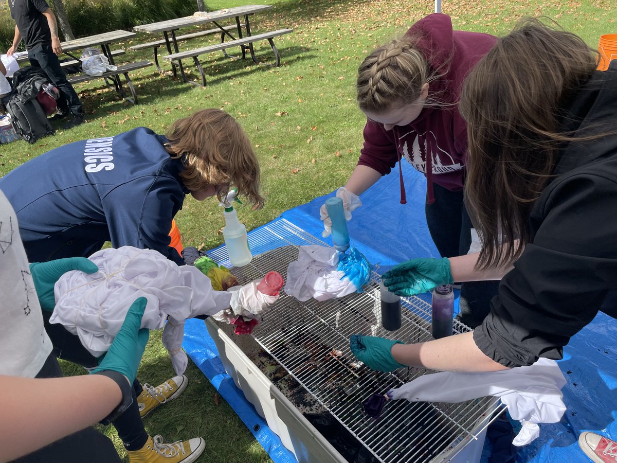 TrentUChemistry's tweet photo. The annual tie-dye your lab coat event was a huge success. The Chemistry labs will be colourful next week! #chemistry #chugs @trentuchemistry https://t.co/jOPjRTy8Ml