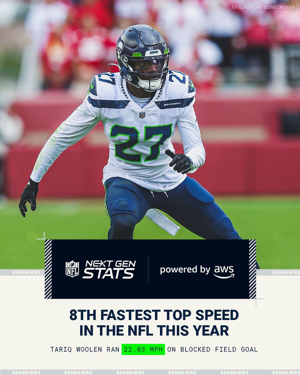 Seahawks's tweet photo. Fast as @_Tariqwoolen. 🏃‍♂️💨

Tariq casually recorded a peak speed of 22.03 MPH on the blocked field goal. The fastest top speed in the NFC West so far this season. https://t.co/8na9R3Sp3U