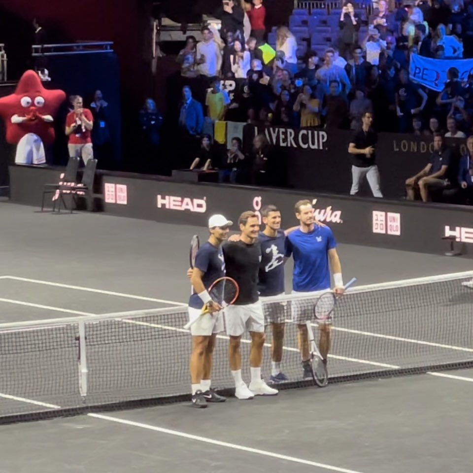 karolinashaw's tweet photo. What a peRFect day! Simply wonderful to see the 🇨🇭🇪🇸🇷🇸 and 🇬🇧 🐐s all at once - and all for a fantastic cause! 🎾@rogerfederer @RafaelNadal @DjokerNole @andy_murray @actnforchildren @LaverCup https://t.co/HeH49agmKA