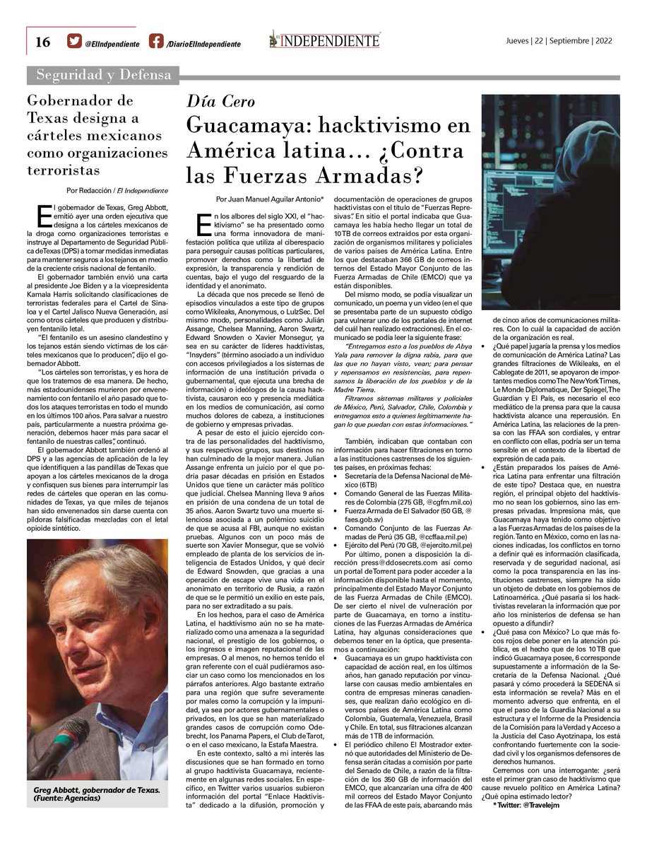 travelerjm's tweet photo. En América Latina el hacktivismo no ha materializado una amenaza a la seguridad nacional o entidades privadas.

El grupo Guacamaya dice tener como objetivo a las Fuerzas Armadas de AL de una brecha de información.

Hilo de #DíaCero en @ElIndpendiente. 

https://t.co/5SllGfKwII https://t.co/kxOgLw4Vlc
